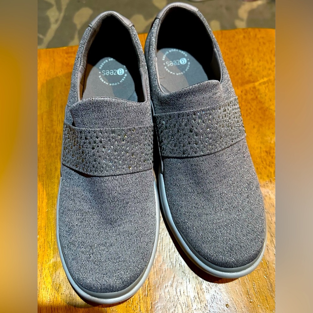 BZEES Gray Sparkling Suede Slip-On Loafers with Bling Textured Strap